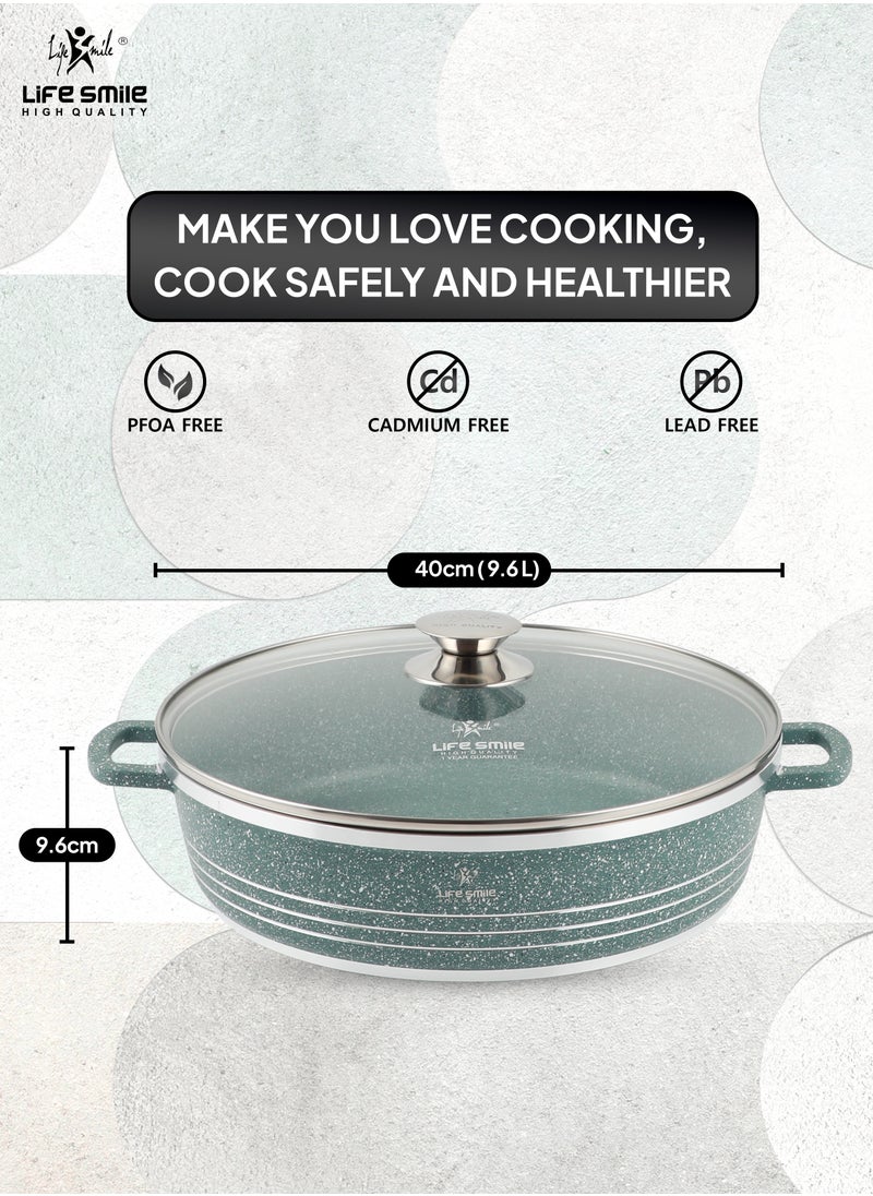 Life Smile 40cm (9.6 Liter) LIFE SMILE Shallow Pot with Lid | Non Stick PFOA FREE Granite Coating Frying Pan | Oven Safe | Dishwasher Safe | Double Handle (Green)  - Image 3