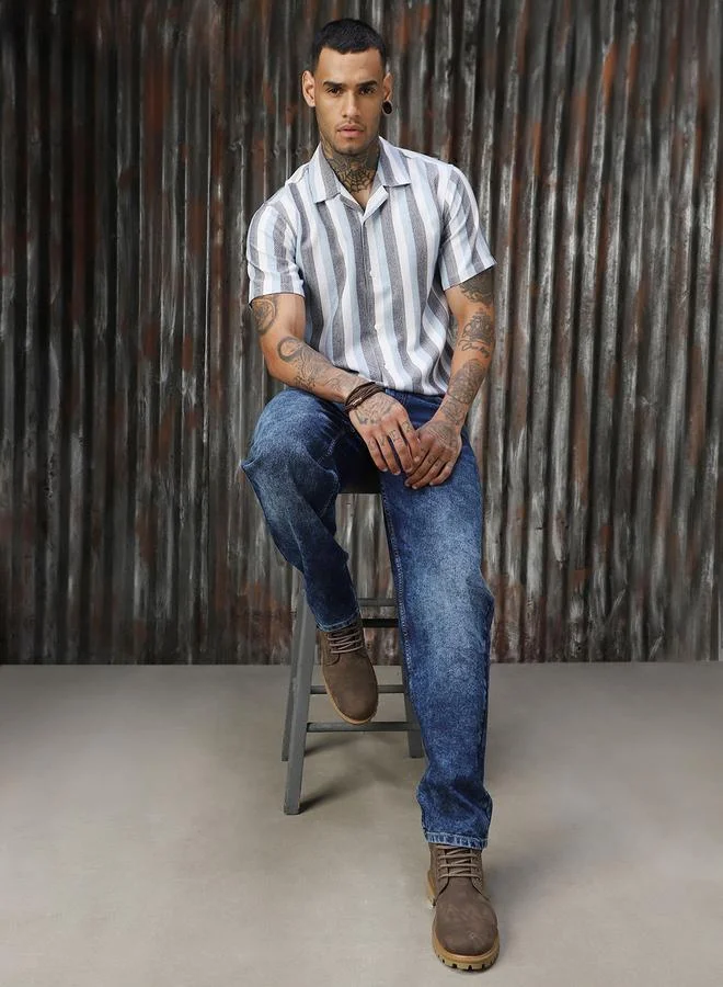 هاي ستار قميص رجالي نصف كم مخطط بقصة مريحة