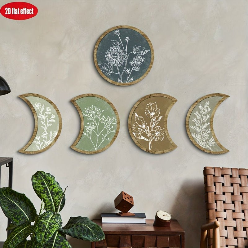 Wood Crescent Moon Wall Art Boho Decor Set 5 Pcs - Image 1