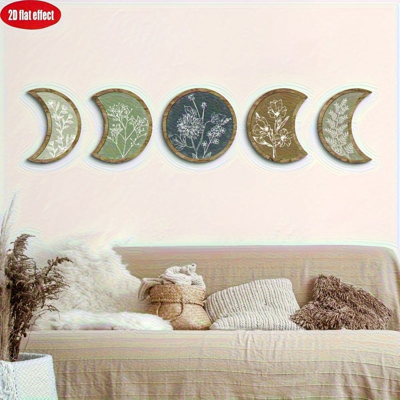 Wood Crescent Moon Wall Art Boho Decor Set 5 Pcs - Image 2