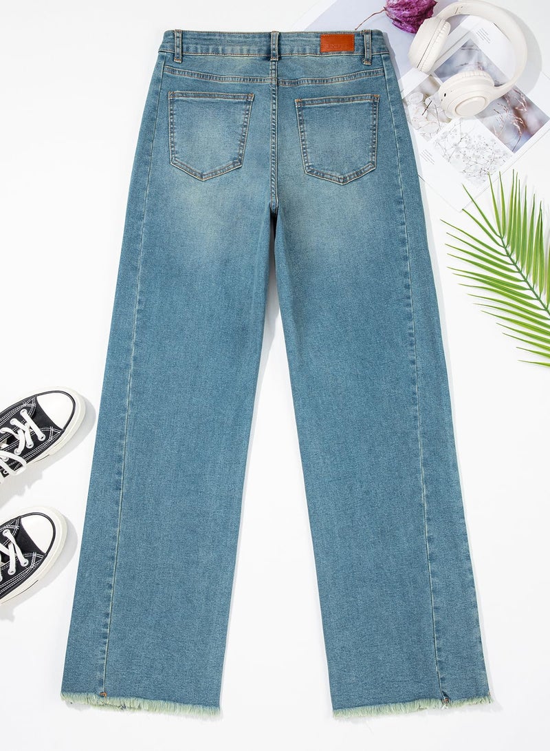 Sidefeel Women's Wide Leg Jeans High Waisted Stretchy Raw Hem Denim Pants Size 16 Light Retro Blue - Image 4