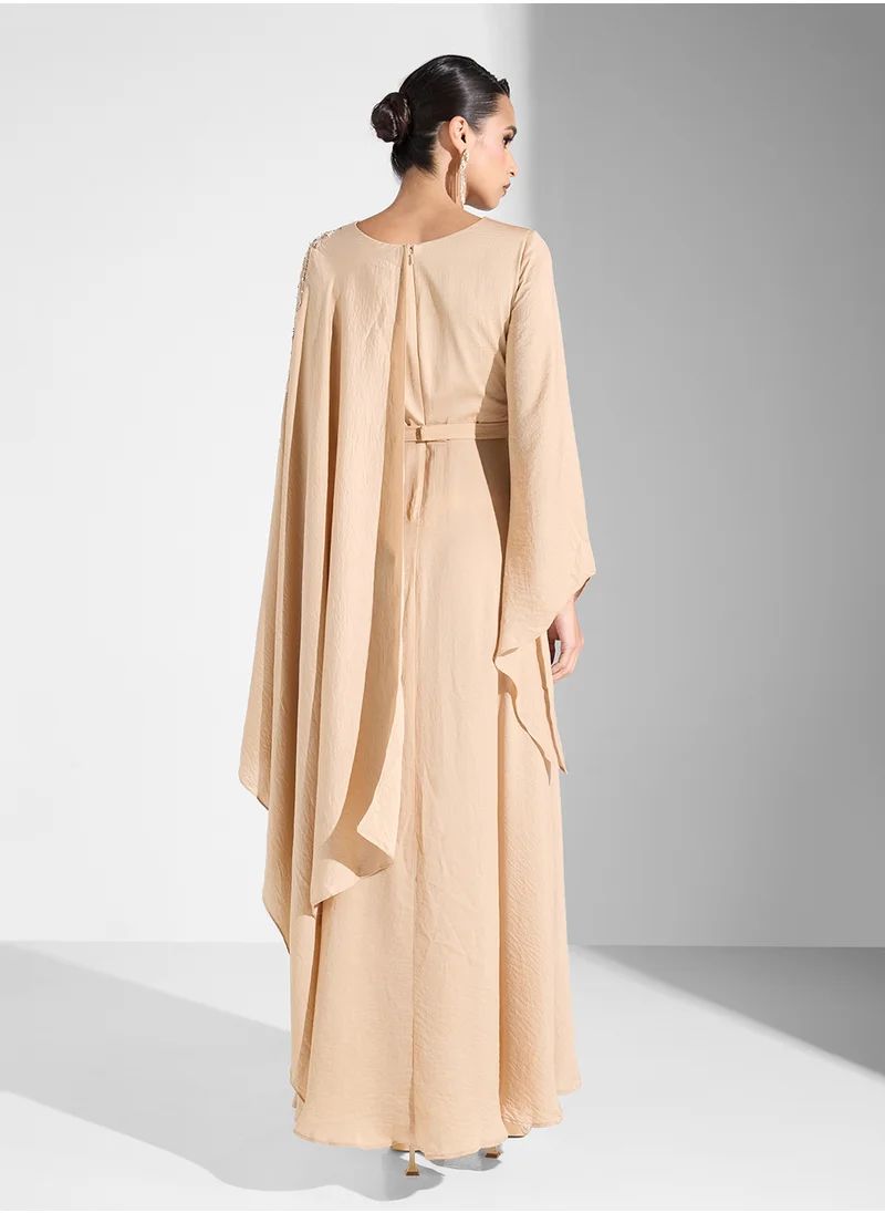 Fashion Trends by Suzy Matar Embroidered Dress with Long Flared Sleeves