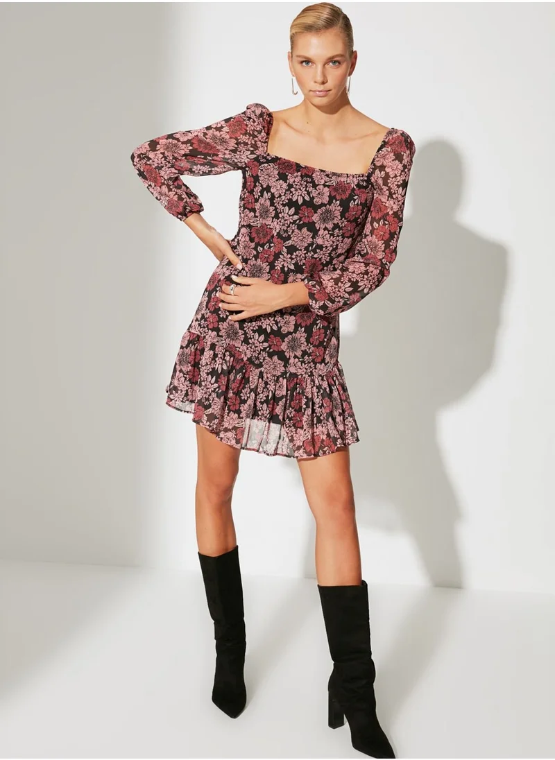 trendyol Floral Print Broad Neck Dress