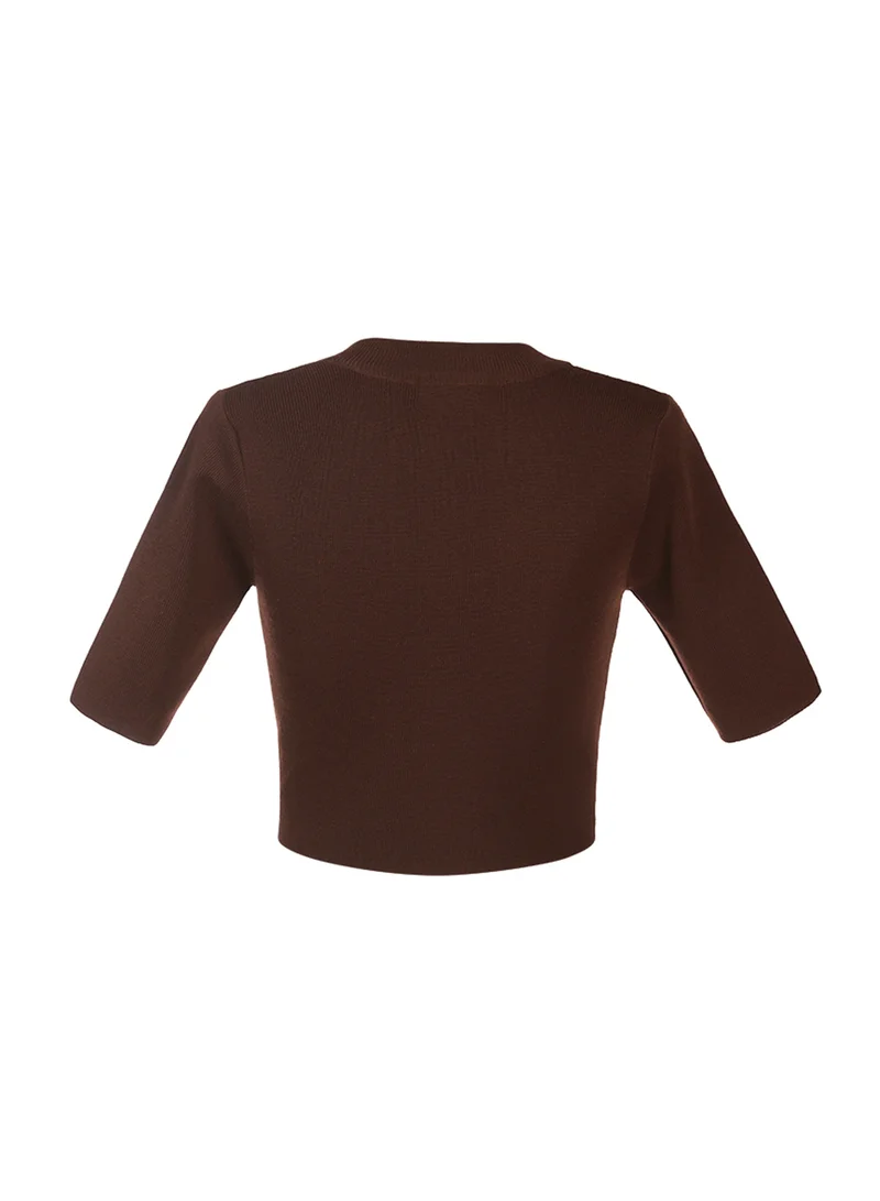 London Rag Zip up Half Sleeve Cropped Cardigan in Dark Brown