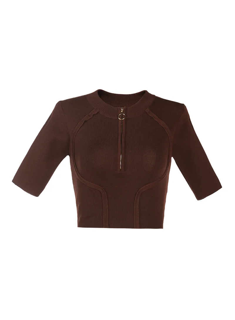 London Rag Zip up Half Sleeve Cropped Cardigan in Dark Brown