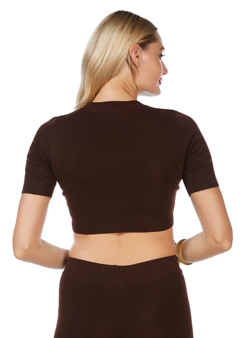 London Rag Zip up Half Sleeve Cropped Cardigan in Dark Brown