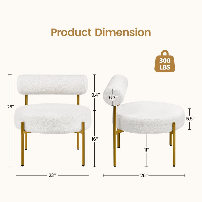 Yaheetech Boucle Accent Chair, Modern Tufted Vanity Chair, Cozy Sherpa Barrel Chair with Gold Legs, Club Chair for Living Room Bedroom Vanity Room Home Office, White - Image 3