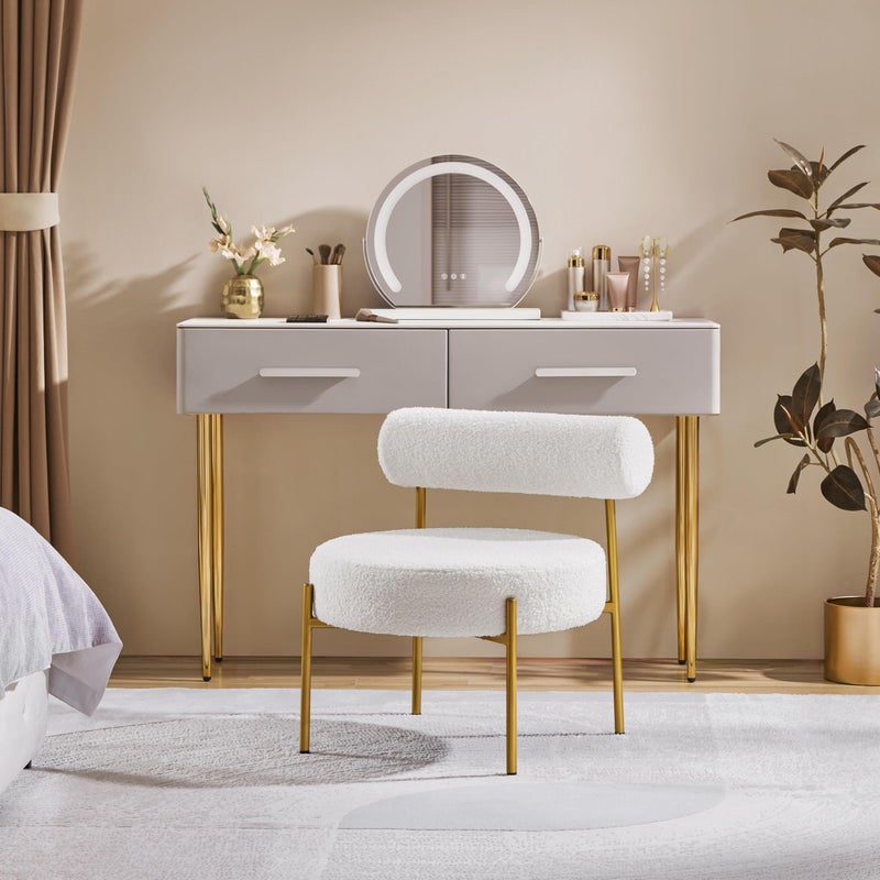 Yaheetech Boucle Accent Chair, Modern Tufted Vanity Chair, Cozy Sherpa Barrel Chair with Gold Legs, Club Chair for Living Room Bedroom Vanity Room Home Office, White - Image 2