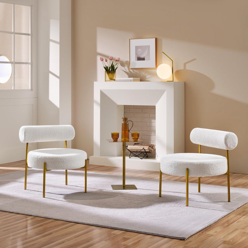 Yaheetech Boucle Accent Chair, Modern Tufted Vanity Chair, Cozy Sherpa Barrel Chair with Gold Legs, Club Chair for Living Room Bedroom Vanity Room Home Office, White - Image 5