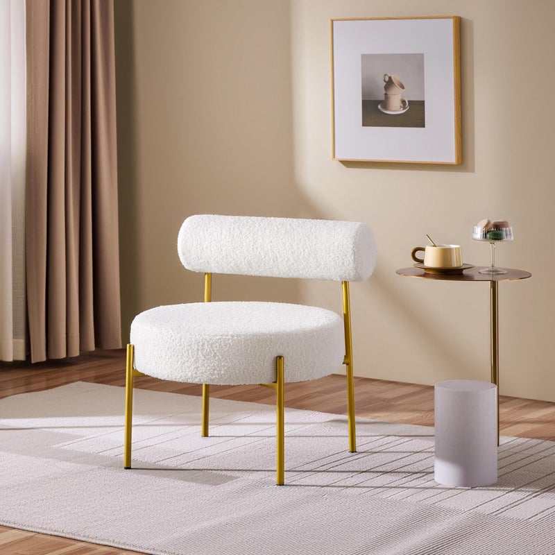 Yaheetech Boucle Accent Chair, Modern Tufted Vanity Chair, Cozy Sherpa Barrel Chair with Gold Legs, Club Chair for Living Room Bedroom Vanity Room Home Office, White - Image 4