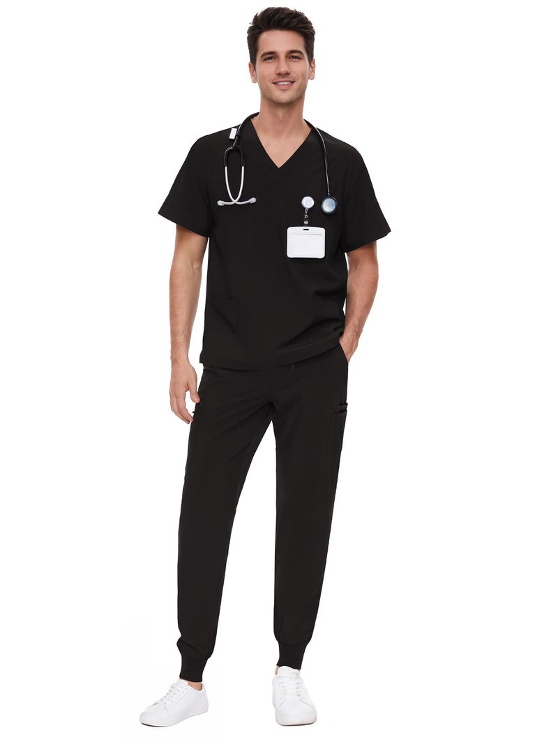 COZYFIT Scrubs for Men - 4 Pockets V-Neck Scrub Top and 7 Pockets Jogger Pants Mens Scrubs Set, Black, L - Image 1