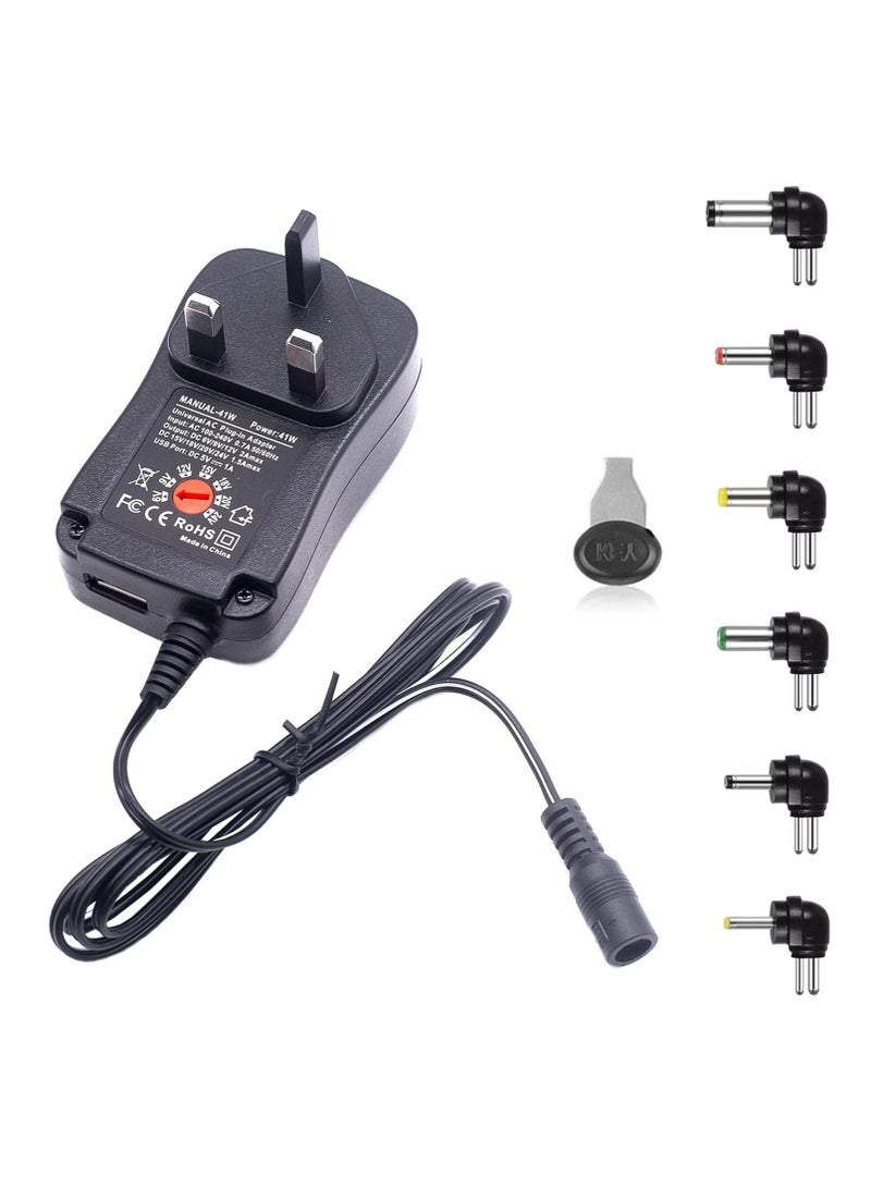Excefore UK Universal Adapter Power Supply,220V TO 6V 9V 12V 15V 18V 24V Adjustable DC Charger Adapter Switching 41W 5V/2.1A USB Port with 6 Selectable Adapter Tips For Wifi Adapter Electronics - Image 1