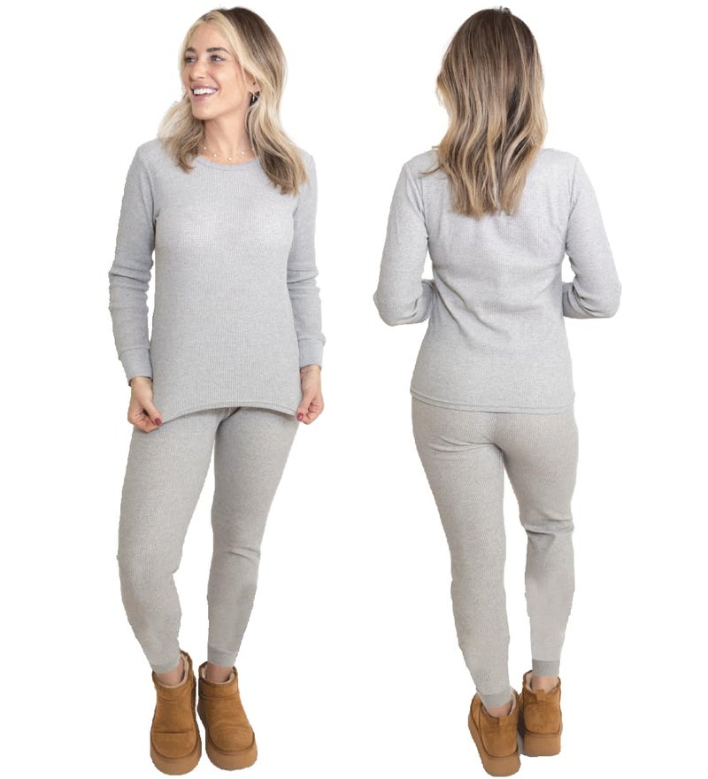 MISS POPULAR Womens 2-Piece Waffle Thermals Set | Long Sleeve Shirt, Pants | Long Johns Waffle Thermal Underwear Base Layer Set for Cold Weather (Heather Grey, Medium) - Image 1