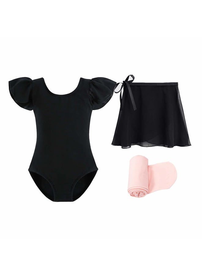 Stelle Girls Short Sleeve Ballet Leotard Combo with Dance Skirt and Dance Tight, Black (Ruffle Sleeve), 7 Years - Image 1