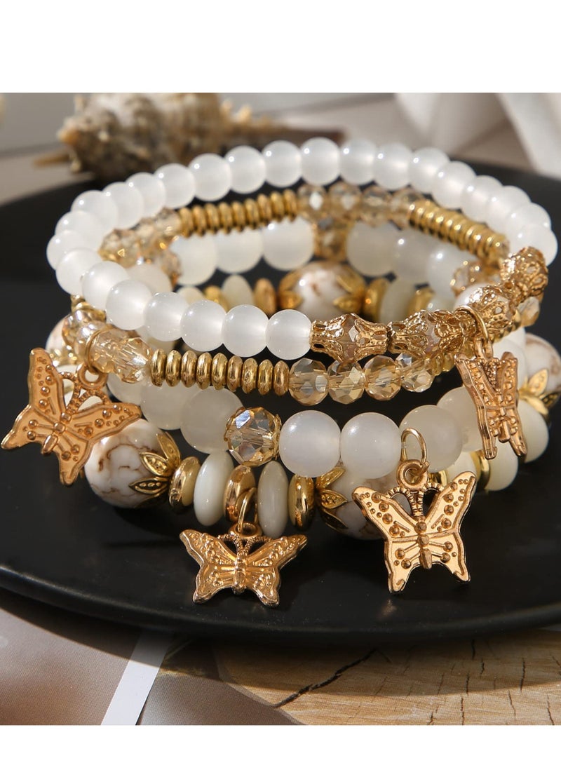Excefore Bohemian Bracelets, Gold Beaded Stackable Stretch Bracelet Set, Butterfly Elastic Colorful Charm Bracelets Boho Jewelry for Women Girls - Image 5