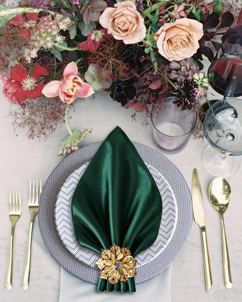 VIJIV 12 Pack Cloth Napkins and Gold Napkin Rings Set of 6 17x17 Square Satin Dinner Table Napkins Rings Flower Personalized Napkins Bridal Shower Napkins for Wedding Reception Party Decorative - Image 2