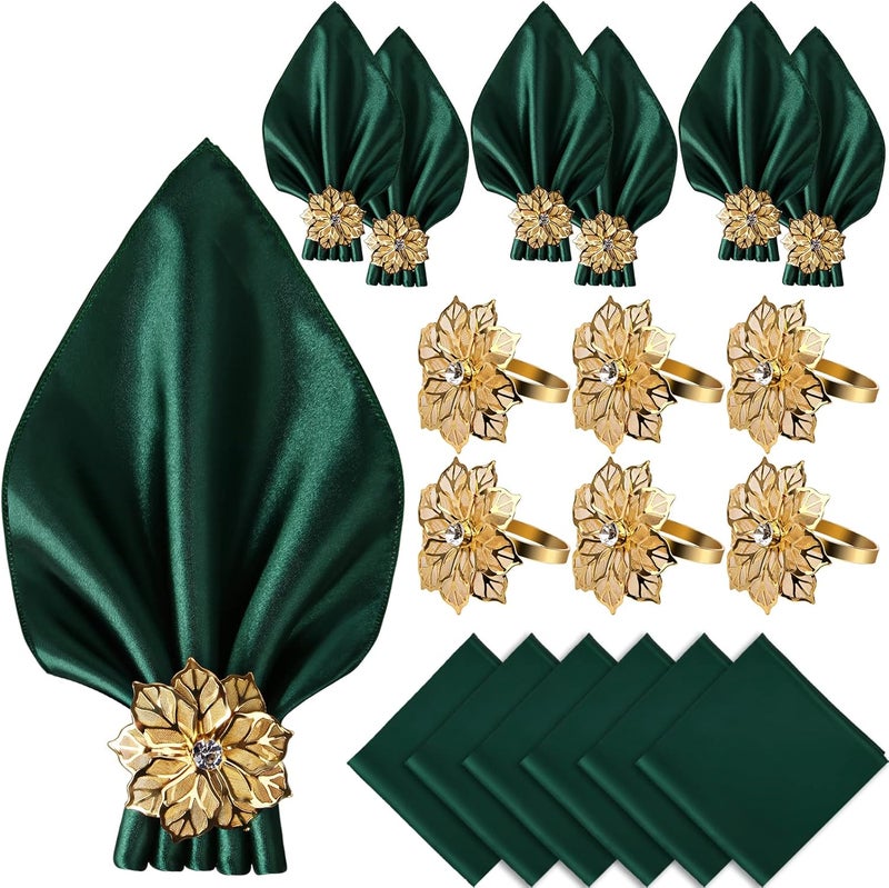 VIJIV 12 Pack Cloth Napkins and Gold Napkin Rings Set of 6 17x17 Square Satin Dinner Table Napkins Rings Flower Personalized Napkins Bridal Shower Napkins for Wedding Reception Party Decorative - Image 1