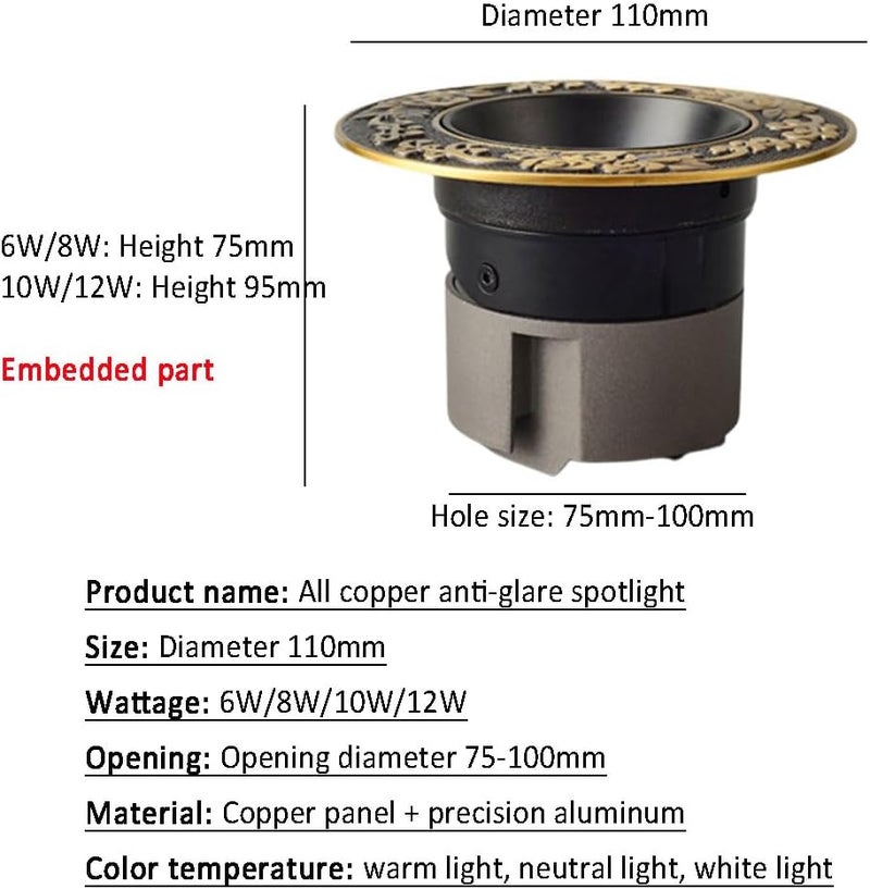 Recessed Anti-Glare LED Downlight - All Copper Eyeball Retrofit Spotlight,3 Color Temperature Selectable 3000K/4000K/6000K, Round LED Ceiling Light, 90 CRI(B6000k-12W) - Image 3