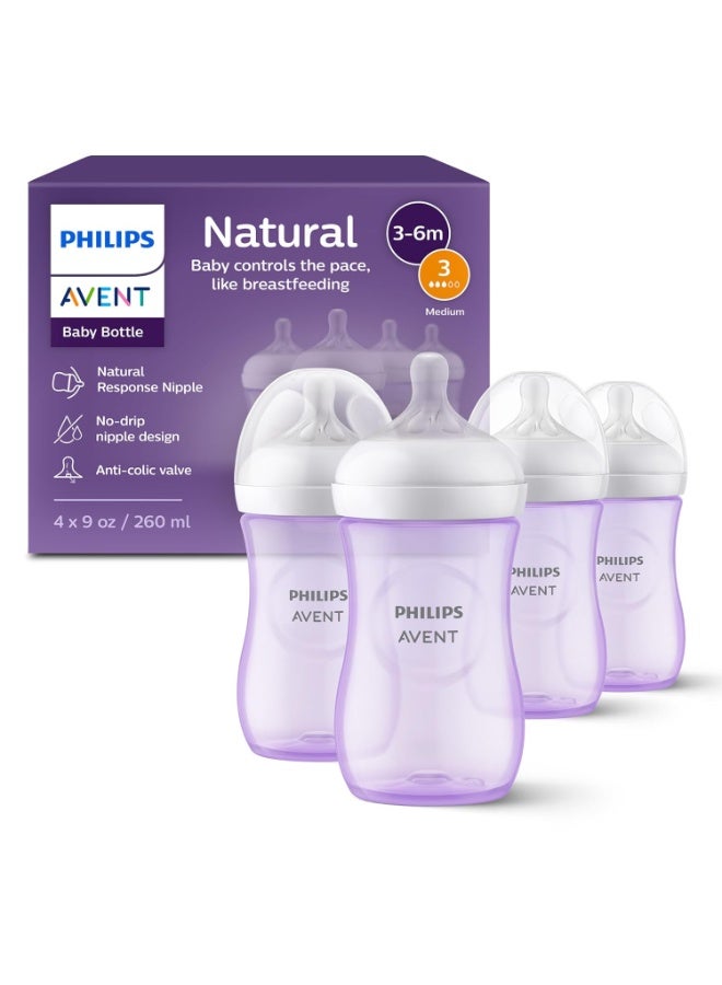 Philips Philips Avent Natural Baby Bottles with Natural Response Nipples (Medium Flow, Flow 3), 9oz, Purple, 4-Pack, SCY903/34 - Image 1