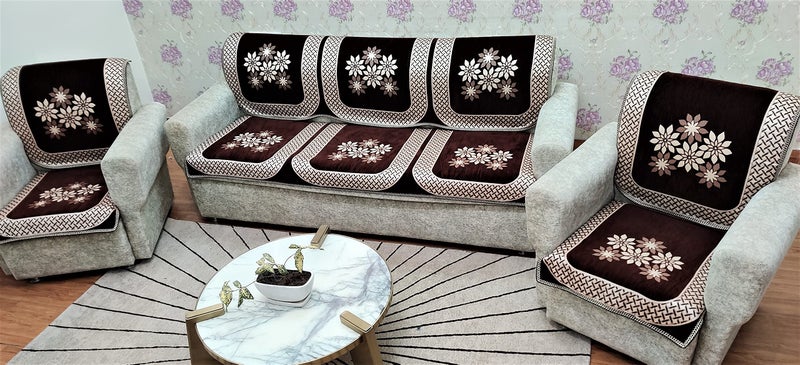 KREEVA Velvet Sofa Covers And Chair Cover For Five Seater,Set Of 6(3+1+1), Brown - Image 2
