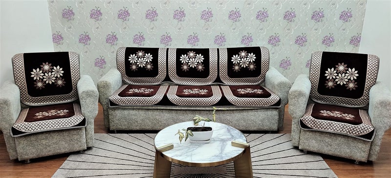 KREEVA Velvet Sofa Covers And Chair Cover For Five Seater,Set Of 6(3+1+1), Brown - Image 1