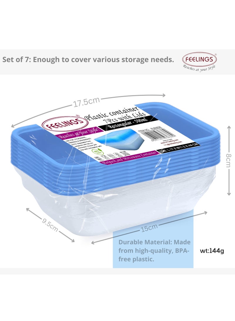 FEELINGS Plastic Food Containers with Lids – 7-Piece Set, 500ml Each – Airtight, BPA-Free, Microwave, Freezer & Dishwasher Safe – Rectangular Storage Boxes