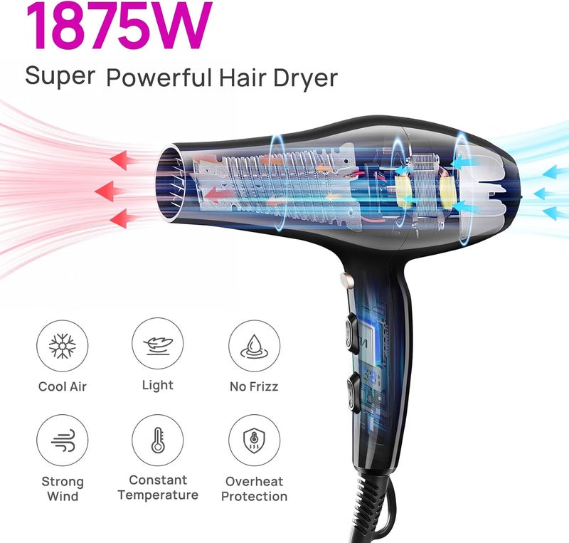 CONFU Hair Dryer, Professional Ionic Salon Blow Dryer with Diffuser for Women and Men, 5X Fast Drying, Powerful and Quiet Hair Blow Dryer for Fast & Easy Styling (1875 Watts) - Image 2
