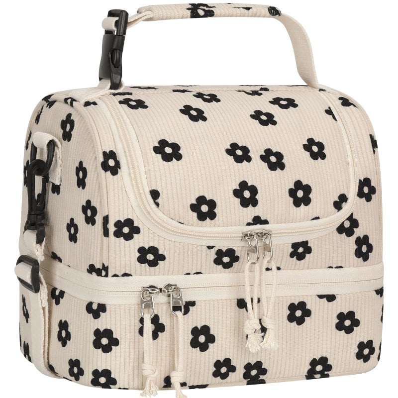 Vankor Corduroy Lunch Box Kids Insulated Lunch Bag Double Decker, Cute Leak-Proof Lunch Box for Boys Girls, Portable Cooler Lunch Bag Thermal Lunch Tote for School Picnic Travel, Black Floral - Image 1