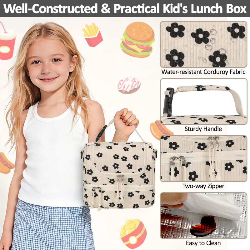 Vankor Corduroy Lunch Box Kids Insulated Lunch Bag Double Decker, Cute Leak-Proof Lunch Box for Boys Girls, Portable Cooler Lunch Bag Thermal Lunch Tote for School Picnic Travel, Black Floral - Image 4