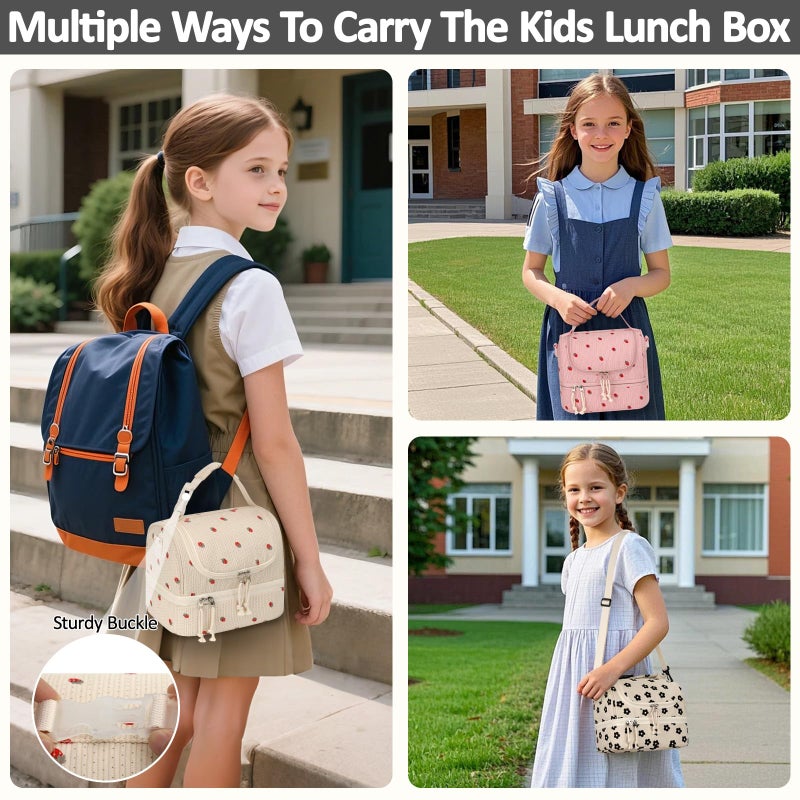 Vankor Corduroy Lunch Box Kids Insulated Lunch Bag Double Decker, Cute Leak-Proof Lunch Box for Boys Girls, Portable Cooler Lunch Bag Thermal Lunch Tote for School Picnic Travel, Black Floral - Image 3