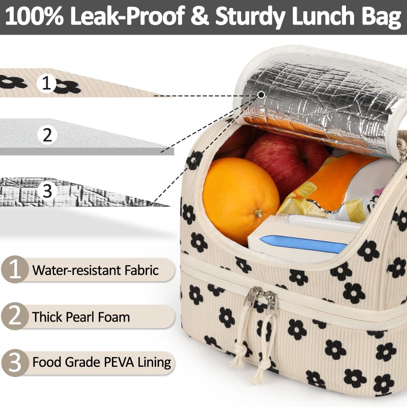 Vankor Corduroy Lunch Box Kids Insulated Lunch Bag Double Decker, Cute Leak-Proof Lunch Box for Boys Girls, Portable Cooler Lunch Bag Thermal Lunch Tote for School Picnic Travel, Black Floral - Image 2