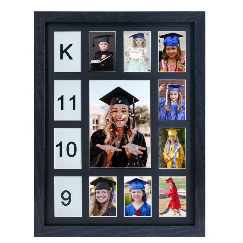 FramePro School Years Picture Frame K12 Day Graduation Photo Collage Black Frame with Mat Displays One 5x7 Photo and Twelve 25x35 Pictures