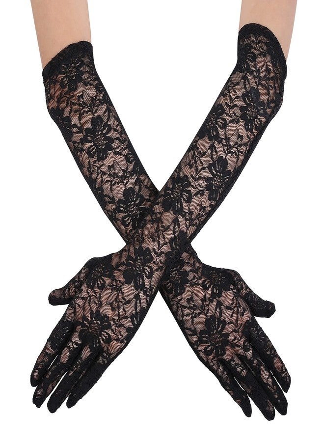 Yolev Women's Long Lace Floral Opera Gloves Wedding Bridal Gloves Bridal Dance Glove Party Stretchy Elbow Length Glove Stretchy Adult Size 15.75in (Black) - Image 1