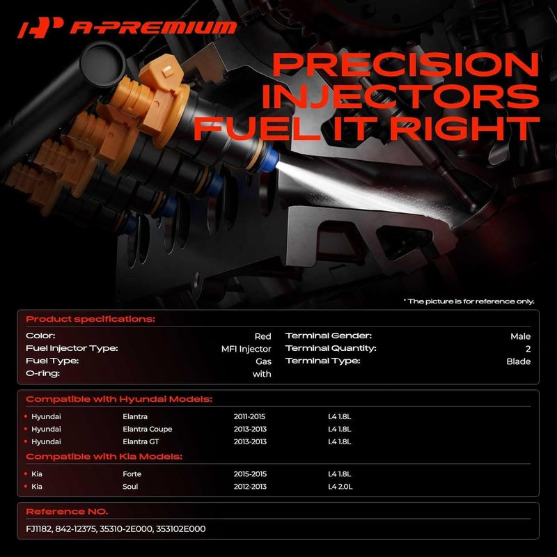 A-Premium Fuel Injectors Set for Hyundai Elantra and Kia Soul (2011-2015, 2012-2013) - 4-PC - Image 2