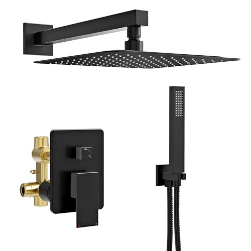 Kurpot Black Shower System, Wall Mounted Shower Faucet Set with Valve, 10-Inch Rainfall Shower Head with Handheld Combo Spray, 59'' Long Shower Hose and Shower Trim Kit, Matte Black - Image 1