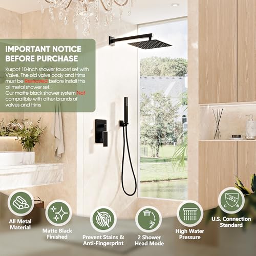 Kurpot Black Shower System, Wall Mounted Shower Faucet Set with Valve, 10-Inch Rainfall Shower Head with Handheld Combo Spray, 59'' Long Shower Hose and Shower Trim Kit, Matte Black - Image 2