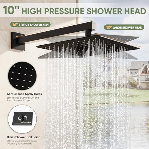 Kurpot Black Shower System, Wall Mounted Shower Faucet Set with Valve, 10-Inch Rainfall Shower Head with Handheld Combo Spray, 59'' Long Shower Hose and Shower Trim Kit, Matte Black - Image 4