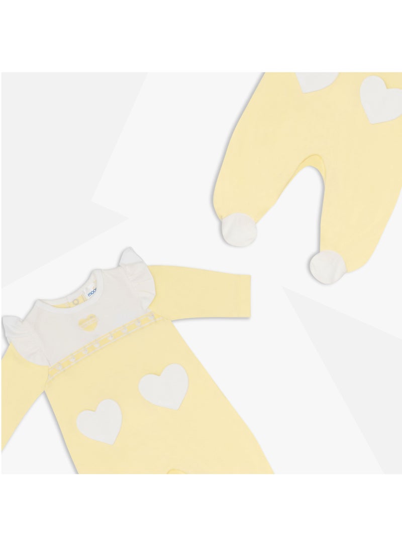 Moon بدلة نوم قطن 100% للأطفال 1-3 أشهر صفراء - قلوب الليمون - Image 3