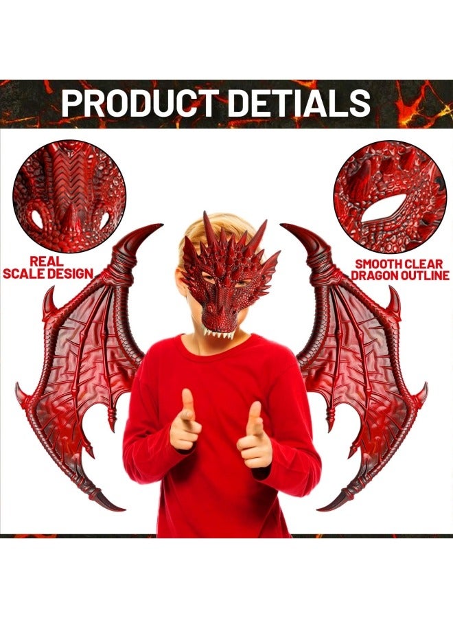 CCOVERY Dragon Costume Wing Dinosaur Tail Mask Dragon Cosplay Dinosaur Costume Set for Kids Children, Red - Image 3