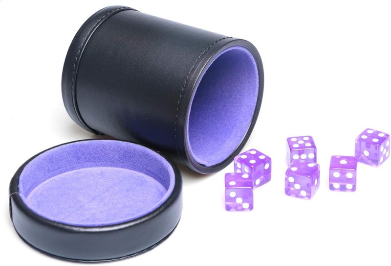 Bc Toptan PU Leather Dice Cup Purple Velvet Lined Quiet Shaker with Lid Including 6 Purple Translucent Dice for Liars Dice Farkle Yahtzee Board Games - Image 1
