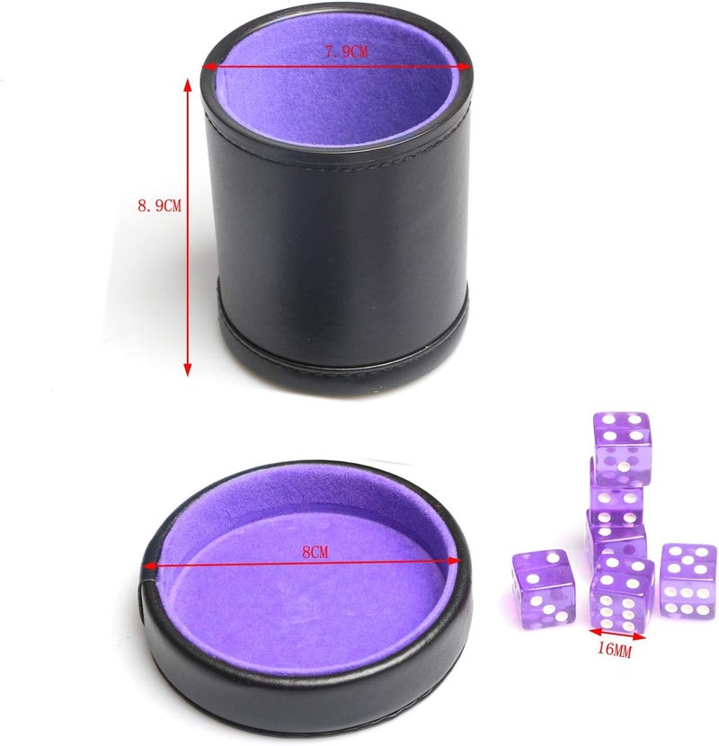 Bc Toptan PU Leather Dice Cup Purple Velvet Lined Quiet Shaker with Lid Including 6 Purple Translucent Dice for Liars Dice Farkle Yahtzee Board Games - Image 4