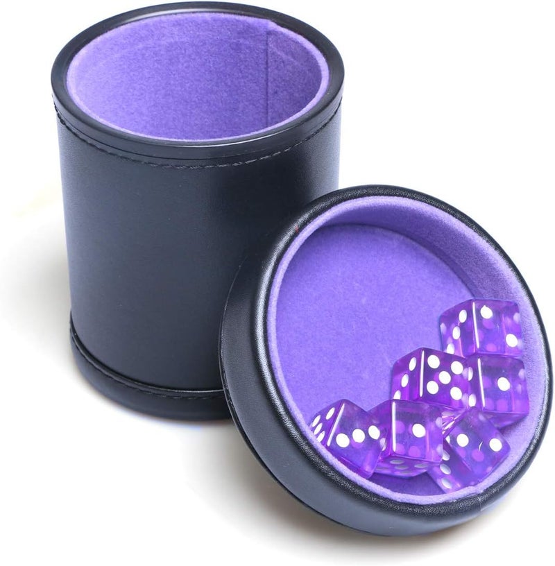 Bc Toptan PU Leather Dice Cup Purple Velvet Lined Quiet Shaker with Lid Including 6 Purple Translucent Dice for Liars Dice Farkle Yahtzee Board Games - Image 5