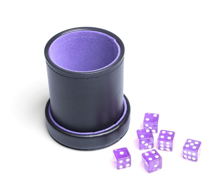 Bc Toptan PU Leather Dice Cup Purple Velvet Lined Quiet Shaker with Lid Including 6 Purple Translucent Dice for Liars Dice Farkle Yahtzee Board Games - Image 3