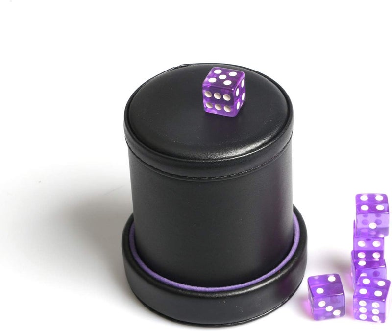 Bc Toptan PU Leather Dice Cup Purple Velvet Lined Quiet Shaker with Lid Including 6 Purple Translucent Dice for Liars Dice Farkle Yahtzee Board Games - Image 2