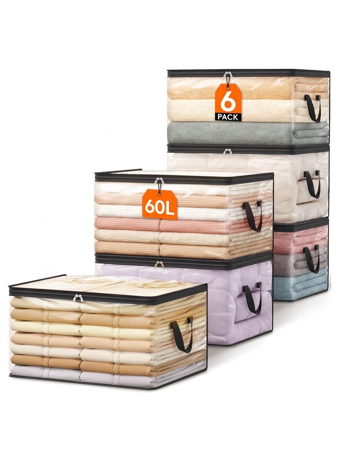 DUNISO 6 Pack Clear Clothes Storage Bags, 60L Plastic Blanket Storage Bags, Foldable Moving Bags with Zipper Handle, Waterproof and Dustproof，Sturdy and Durable，for Bedding, Duvet, Comforter，Pillow，Toys，55*35*31.5cm - Image 1