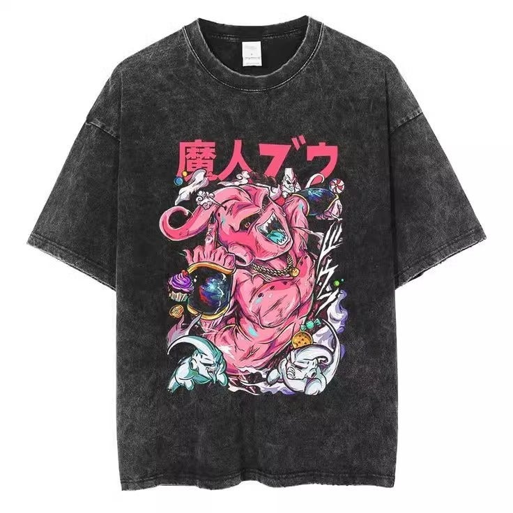 Washed Old Anime Dragon Ball Goku Cartoon Round Neck Printed Trendy T-Shirt Retro Cotton Short Sleeve T-Shirt - Image 2