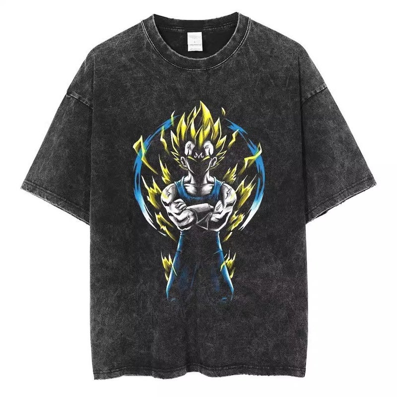 Washed Old Anime Dragon Ball Goku Cartoon Round Neck Printed Trendy T-Shirt Retro Cotton Short Sleeve T-Shirt - Image 1