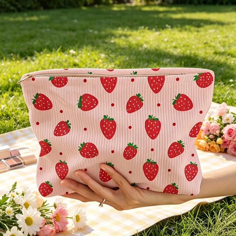 Pink Cherry Strawberry Clutch Cosmetuc Bag Makeup Organizer Large Capacity Pouch - Image 1