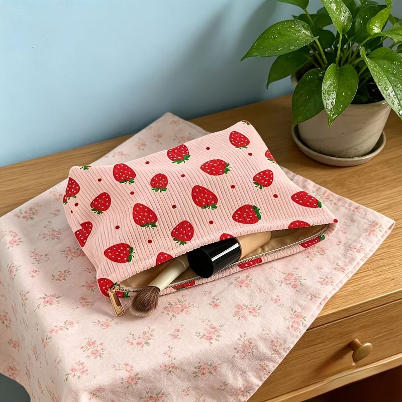 Pink Cherry Strawberry Clutch Cosmetuc Bag Makeup Organizer Large Capacity Pouch - Image 3