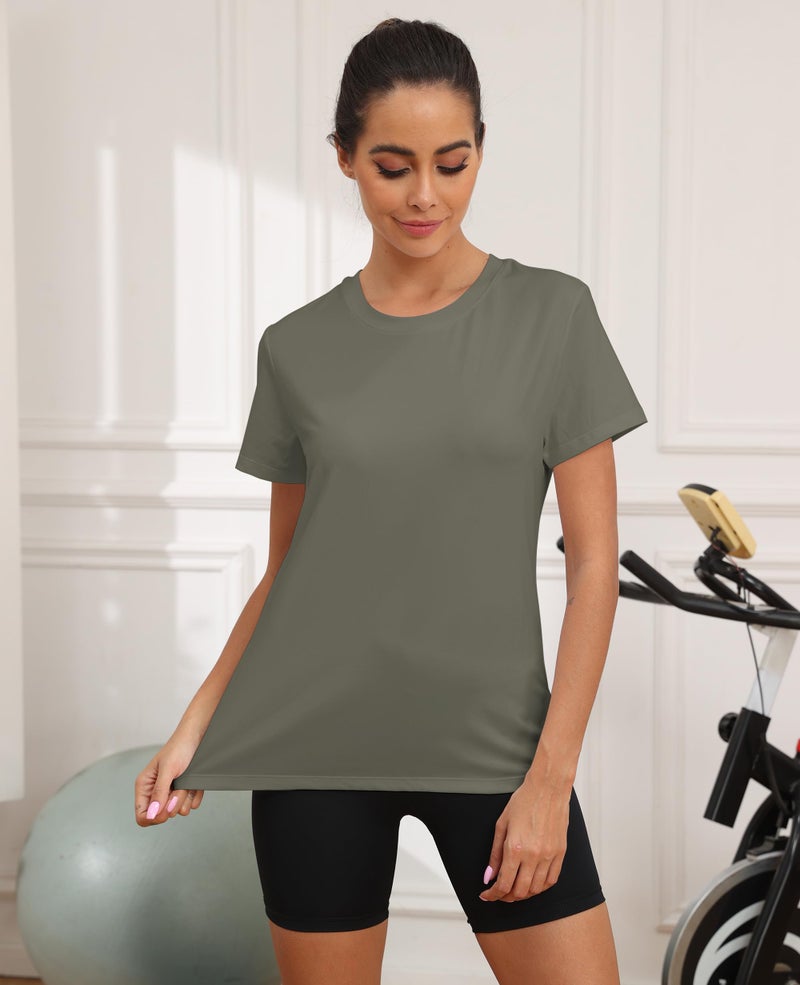 KevaMolly قمصان رياضية خضراء زيتونية للنساء من كيفا مولي UPF50+ تنفس فضفاض لليوغا تي شيرتات بأكمام قصيرة للجري وصالة الألعاب الرياضية مقاس M - Image 2